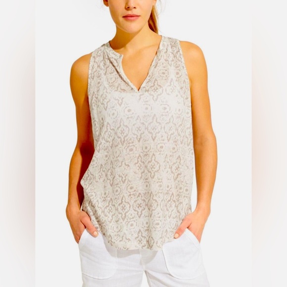 Athleta 100% Linen Taupe Newport Medallion Racetrack Split Neck Tank Top XS - Picture 1 of 7